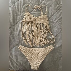 Indah Beige macrame Crochet Fringe Bikini Set